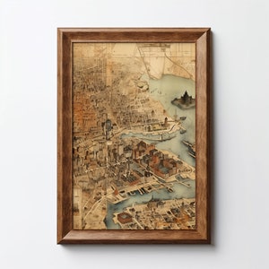 cartes de style vintage, Ancien monde, impression numérique, décoration rustique antique, carte au trésor, carte des années 1800, paysage urbain, art déco mural, art contemporain