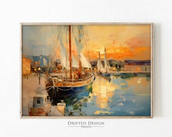 Segelboot Ölgemälde | Vintage Bootssteg | DRUCKBAR | Rustikale Bauernhaus Kunst | Landhaus Dekor | Sanfte Töne | Nautisches Schiff | Schiff Gemälde