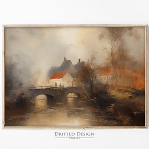 Village Canal oil painting | Vintage cottage | European Cityscape Wall Art | DIGITAL DOWNLOAD | Farmhouse Decor | Vintage Moody Wall Art