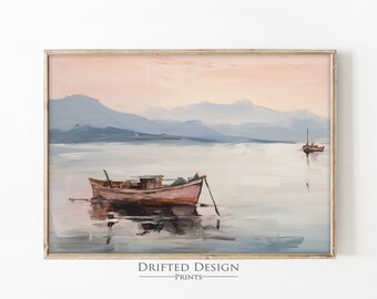 Wasserlandschaft Ölgemälde | Vintage Boot auf See | DRUCKBAR | Rustikale Bauernhaus Kunst | Landhaus Dekor | Sanfte Töne | Antike Nautische Kunst