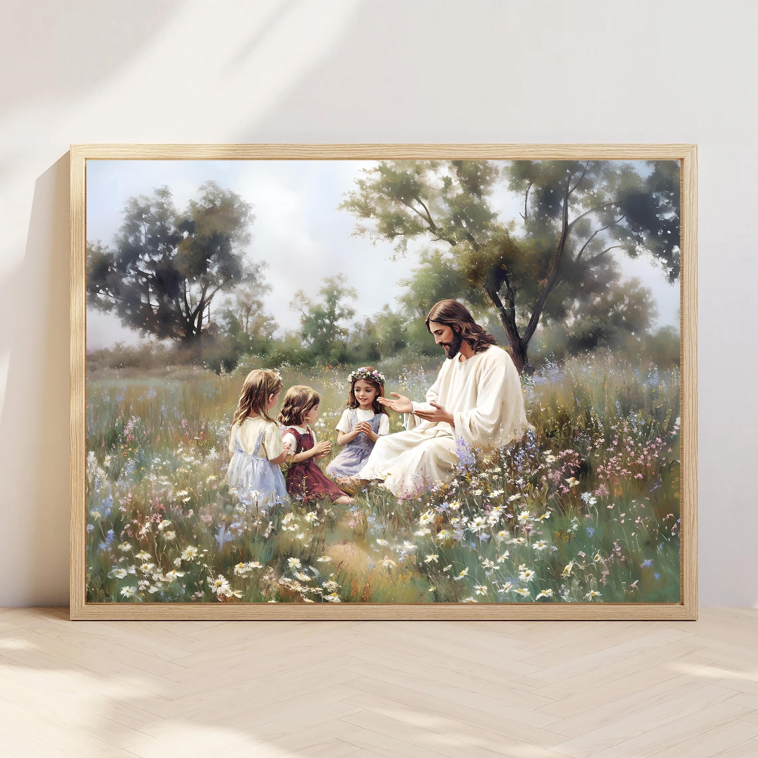 Lámina artística de Jesús enseñando a un niño pequeño en un prado de flores, versículo bíblico cristiano, descarga digital religiosa SUD, decoración de pared con paisaje floral
