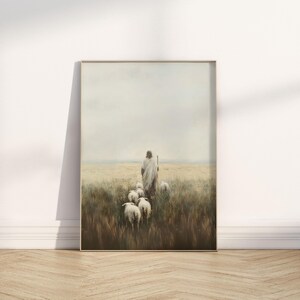 May include: A painting of a shepherd in a white robe walking through a field of tall grass with a staff in his hand, followed by a group of sheep.