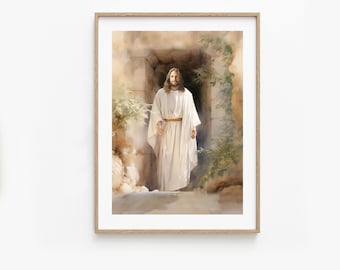 Él ha resucitado Jesucristo Pintura de acuarela Resurrección Dejando la tumba vacía Arte de pared cristiano Descarga digital Decoración de Pascua Imprimible