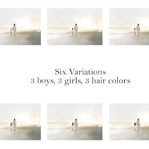Puede incluir: Seis variaciones de una pintura que representa a un padre y un hijo caminando lejos del espectador en una playa. El padre lleva un vestido blanco y el hijo lleva una camisa blanca y pantalones cortos. El color del cabello del niño varía en cada imagen.