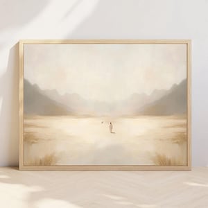 May include: A framed painting of a person walking towards a hazy, light-colored landscape with mountains in the background.