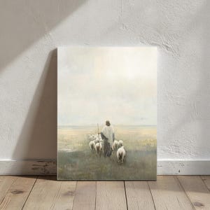 Jesus Christ Canvas Wall Art - Shepherd with Sheep Minimalist Christian Print, Bible Decor, Easter Gift Idea, Everlasting Bond Illustration
