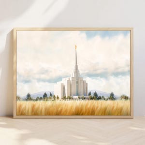 May include: A watercolor painting of a white temple with a golden spire, set against a blue sky with fluffy white clouds. The temple is surrounded by a field of golden wheat.