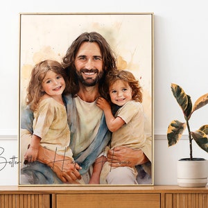 Jesus Christ Art - Christ with the children, Portrait Art Print - Watercolor, Wall Decor - Religious LDS Home Printable Picture of Christ