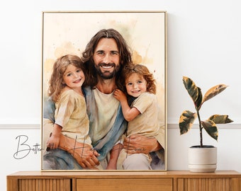 Jesus Christ Watercolor Art Print: Christ with Children (Digital Download)