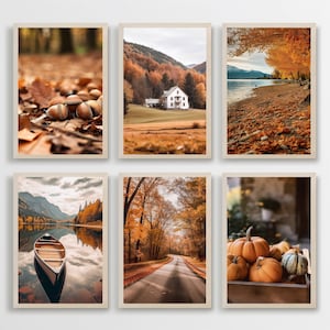 Op de afbeelding: Set van zes ingelijste kunstdrukken met herfsttaferelen. Afbeeldingen tonen close-ups van eikels, een wit huis in een veld, een meer met een kano, een weg door een bos en pompoenen. Het kleurenpalet wordt gedomineerd door warme oranje- en bruintinten.