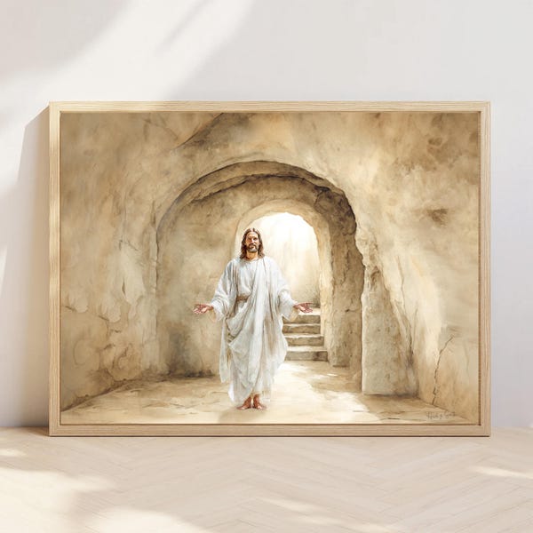 Auferstandener Jesus Christus Oster Kunstdruck - Er lebt, leeres Grab (Digitaler Download) Auferstehung Oster Dekor