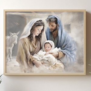 Away in a Manger - Nativity Digital Print Mary & Joseph Birth of Baby Jesus Art Christian Religious Artwork LDS, Christmas Home Decor