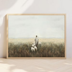Jesus Christ Shepherd Art Print: Christian Religious Wall Decor (Digital Print) Moody Vintage Rustic sheep
