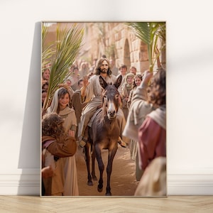 Jesus Christ&#39;s triumphal entry into Jerusalem, Palm Sunday, Christ riding on a donkey,  Holy Week, Christian Wall art, Religious painting