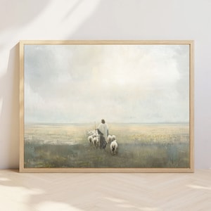 May include: A painting of a shepherd leading a flock of sheep across a field. The shepherd is wearing a white robe and is holding a staff. The sheep are white and are walking in a line behind the shepherd. The background is a hazy blue sky.