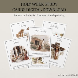 May include: Digital download of Holy Week Study Cards. Each card features a watercolor painting depicting scenes from the Bible, including Jesus Cleanses the Temple, The Resurrection, and The Crucifixion. Includes 8x10 inch images of each painting.