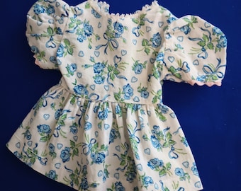 Homemade Vintage Doll Dress with Blue Flower Print, Estimate 12" Doll