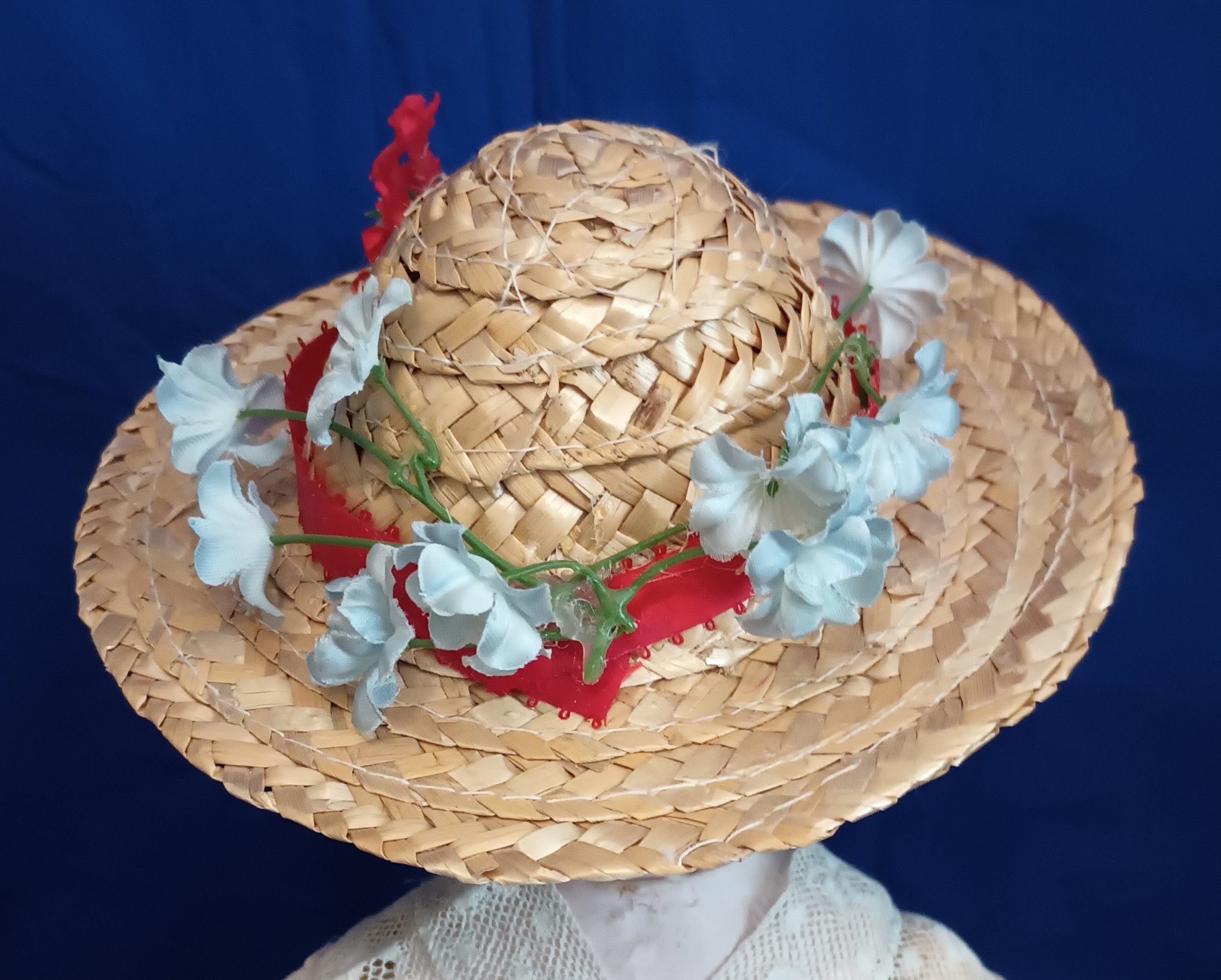 Chapeau Paille Poupée MAELLE – Ancien, Made In France, Fleurs Ruban