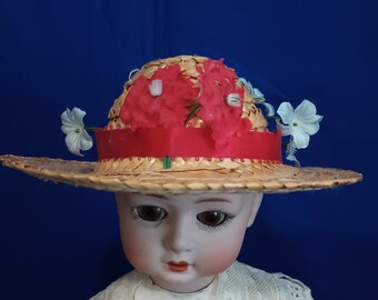 Chapeau de paille pour poupée vintage avec fleurs roses et bleues - France