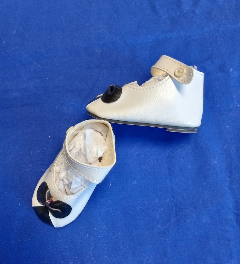 Pretty 3 Vintage Doll Shoes, White With Black Toe and Bow Etsy