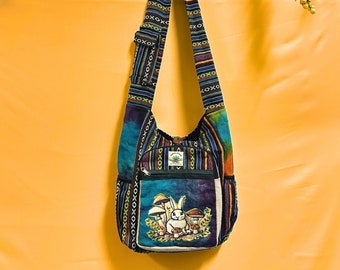 Bunny Mushroom Embroidered Crossbody Bag: Handmade Tie Dye Hemp Cotton