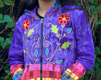 Embroidered Cotton Hooded Jacket - Handcrafted, Eco-Friendly, Colorful Zip-Up, Unique Bohemian Outerwear, Perfect Hippie Style Gift