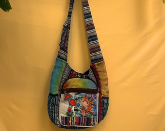 Sun Moon Mushroom Handmade hemp cotton Tie Dye crossbody shoulder bag , eco-friendly, multi-compartment, durable boho hippie gift