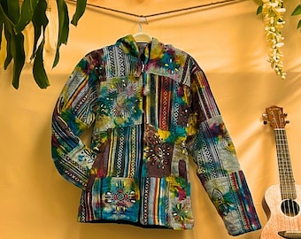 Handmade Gheri Cotton Hooded Jacket: Fleece-Lined Bohemian Patchwork
