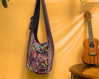 Floral Butterfly Boho Hippie Crossbody Bag: Eco-Friendly, Multi-Pocket Design for Festivals & Every Day Use - A Unique, Handmade Gift
