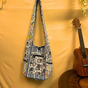 Mushroom Sun Boho style handmade hemp crossbody shoulder bag, with multiple compartments, perfect for daily use and festivals, unique gift