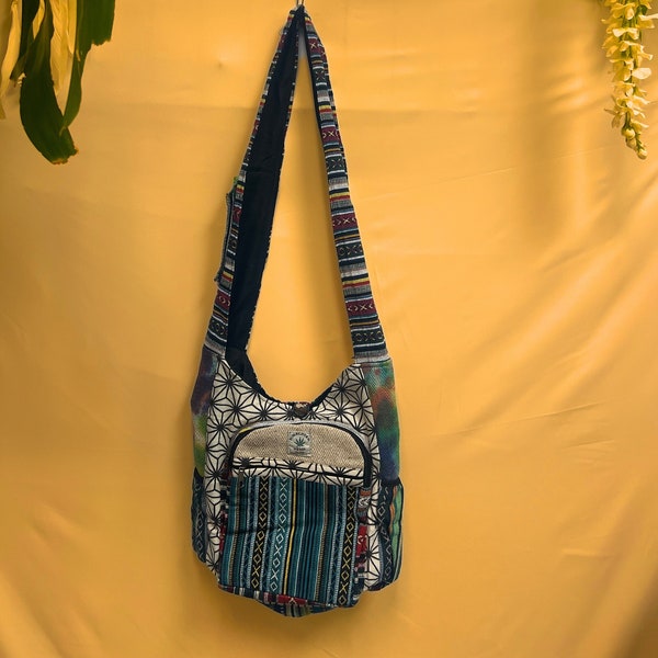 Boho hippie style handmade hemp Tie Dye crossbody shoulder bag, multiple compartments, perfect for daily use and festivals, unique gift