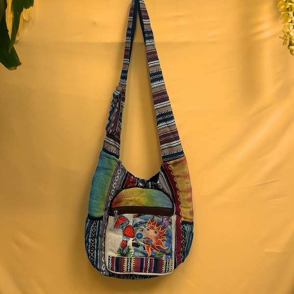 Sun Moon Mushroom Handmade hemp cotton Tie Dye crossbody shoulder bag , eco-friendly, multi-compartment, durable boho hippie gift