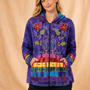 Veste à capuche en coton brodé : fermeture éclair bohème hippie