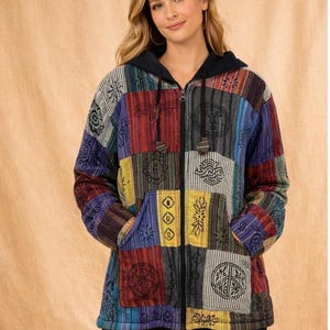 Handmade Cotton Patchwork Hooded Jacket: Fleece-Lined Boho Coat
