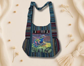 Frog Print crossbody bag , eco-friendly, multi-compartment, durable boho hippie gift
