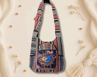 Handmade Hemp Cotton Crossbody Bag - Celestial Face - eco-friendly, multi-compartment, durable boho hippie gift