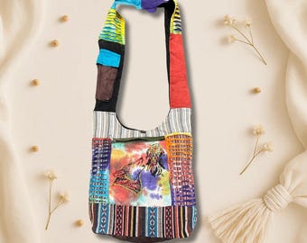 Embroidered Wolf Dreamcatcher Crossbody Bag: Boho Hippie Cotton Hemp