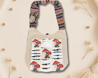 Handmade Hemp Crossbody Bag: Mushroom Embroidery, Boho Hippie Style