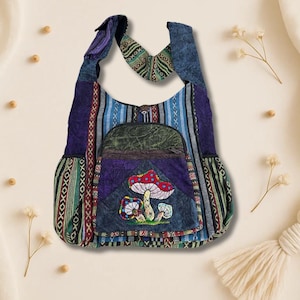 Bolso bandolera Triple Mushroom, ecológico, multicompartimento, duradero, estilo bohemio hippie.