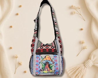 Hemp Multi Color Mushroom House crossbody shoulder bag , eco-friendly, multi-compartment, durable boho hippie gift