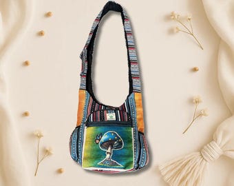 Hemp Tie Dye Mushroom Crossbody Bag: Boho Hippie Shoulder Bag