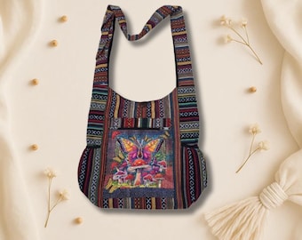 Butterfly Mushroom Print crossbody bag , eco-friendly, multi-compartment, durable boho hippie gift