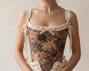 Custom Toile Pattern Victorian Corset – Romantic Cottagecore Made-to-Measure Top