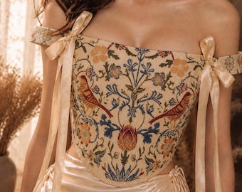 Boned Corset Top, Tapestry Bustier, Off Shoulder Romantic Top, Cottagecore Outfit, Gift for Her