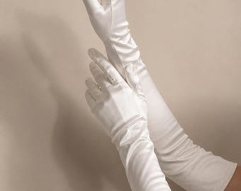 Lange Satinhandschuhe weiß / elfenbeinfarben: Elegante Oper, Bühne, roter Teppich Accessoires