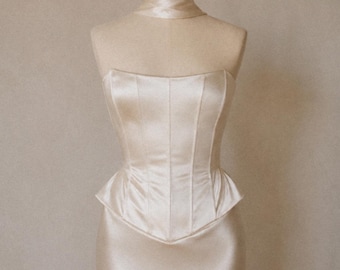 Silk basque corset, Ivory bridal corset top with skirt, Custom made wedding gown