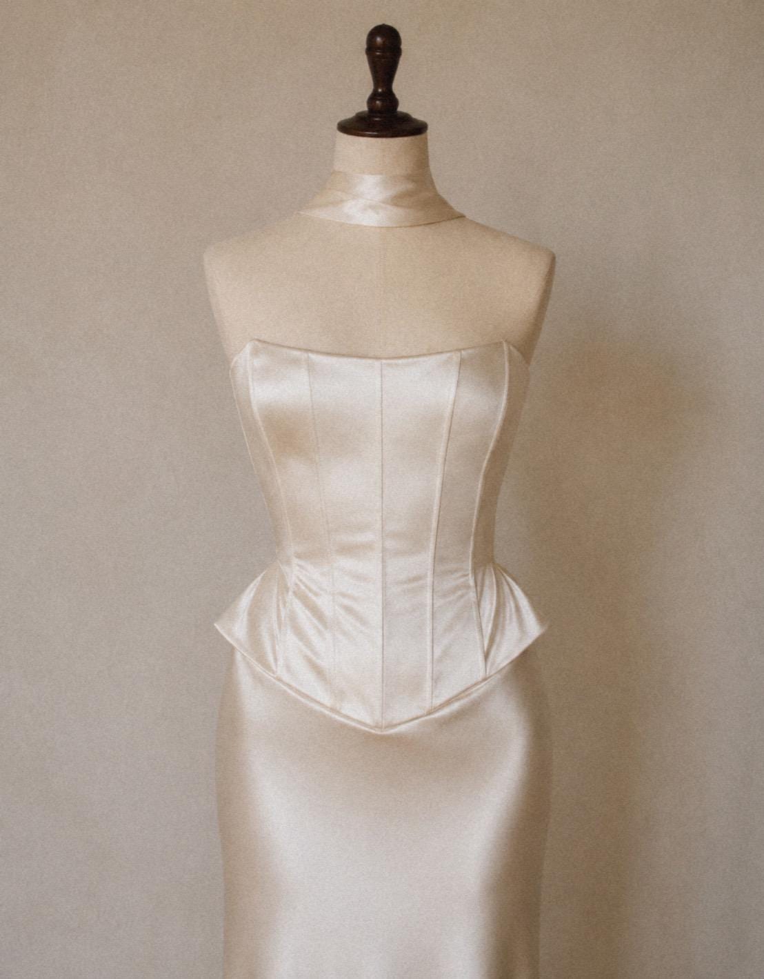 Silk basque corset, Ivory bridal corset top with skirt, Custom made wedding gown