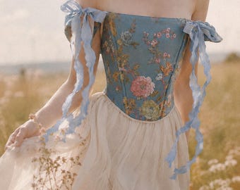 Vintage upholstery corset, Gobelin Floral Bustier, Blue Corset Top, Cottagecore Outfit, Gift for Her, Japan style corset