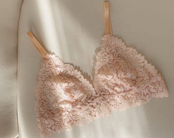 Blush Pink Lace Bralette, Custom Made to Measure, Wireless Soft Bra, Delicate Romantic Lingerie, Handmade Luxury