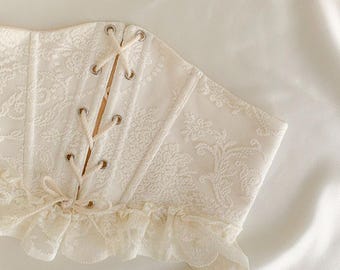Corsé de encaje color marfil con cintura Elegante cinturón bajo el busto Vestido eduardiano personalizado Ropa interior blanca de boda